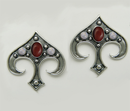 Sterling Silver Gothic Inspired Drop Dangle Earrings With Red Tiger Eye And Rainbow Moonstone